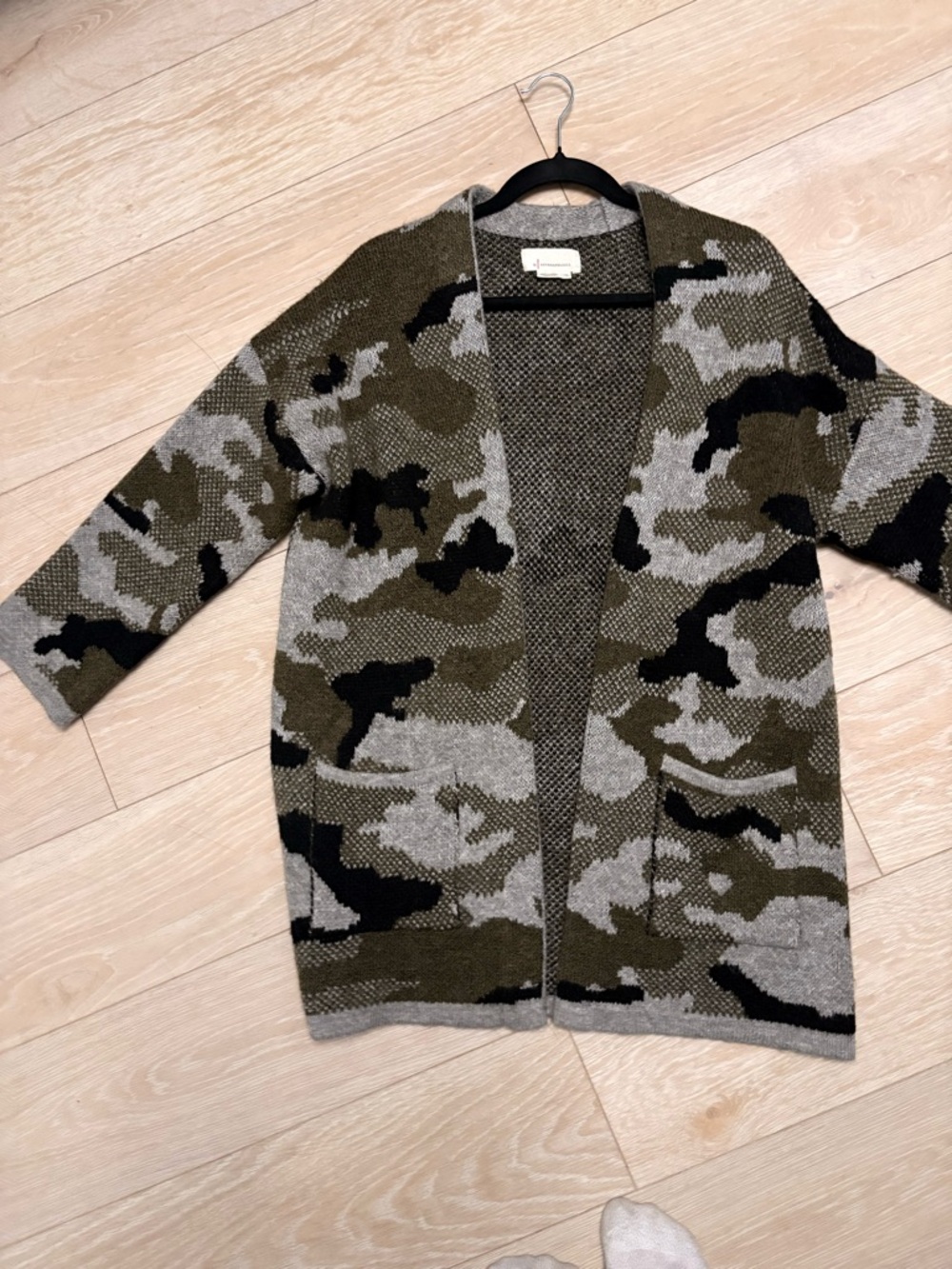 Anthropologie Olive Green Gray Black Camo Open Cardigan